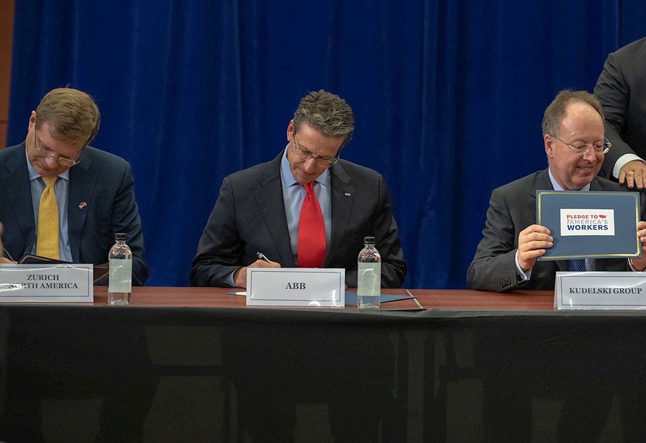 Greg Scheu, President of ABB's Americas region, pledges commitment to jobs and education during the Pledge to America’s Workers event at the Northern Virginia Community College