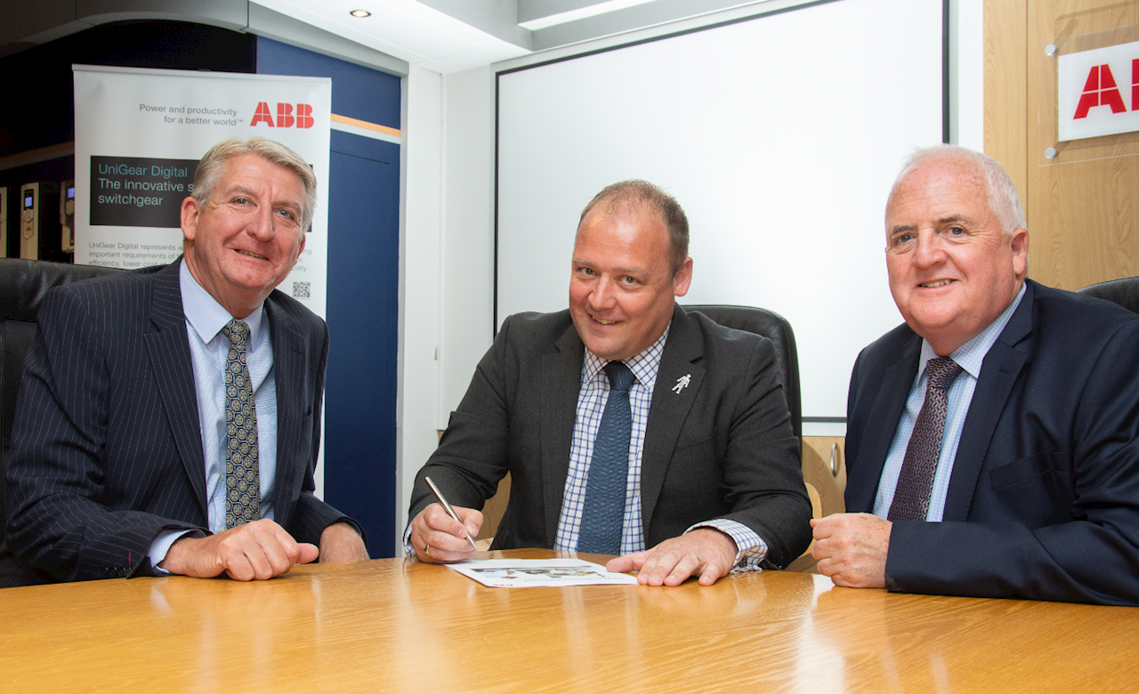 RaceTransmissions‘ Tony Harris (L) and Chris Fell (R) are pictured with Richard Gee, ABB‘s UK Channel Manager for LV Motors