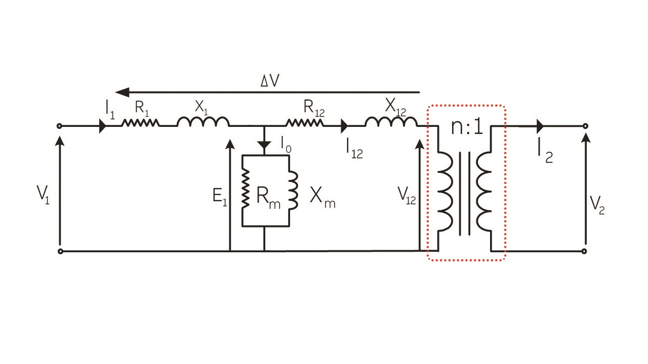 03 Conventional equivalent circuit of a two-winding transformer referred to the primary side.