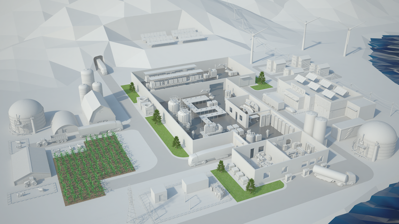 Framtidens fabrik i en 3D-modell som vi visas upp på skärmarna i montern.