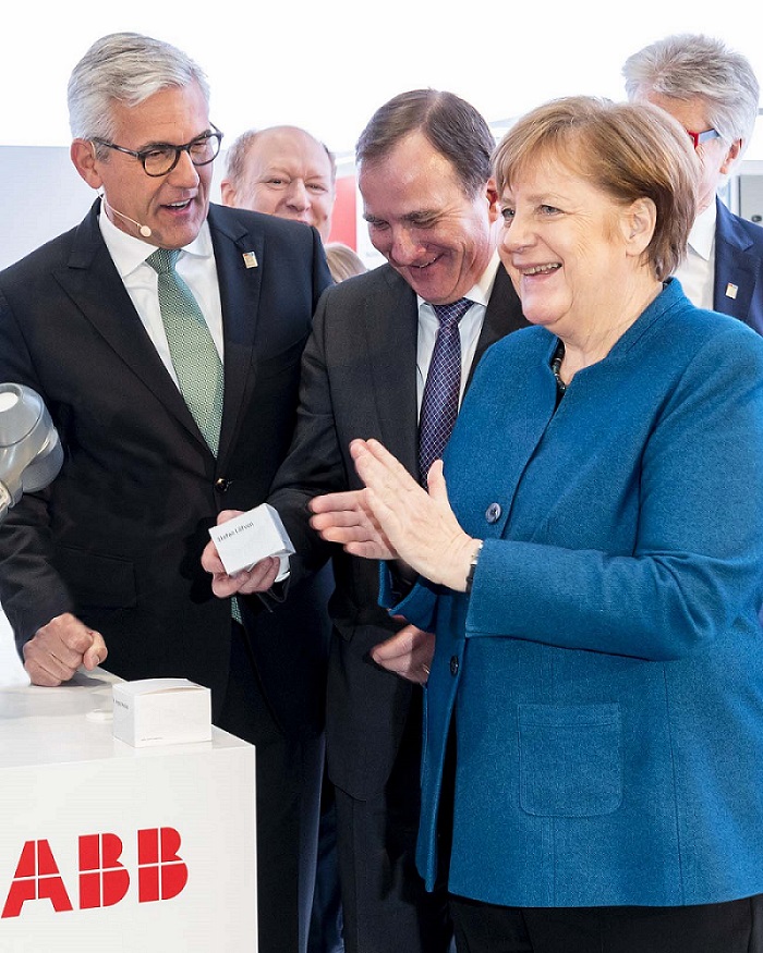 From right to left: Angela Merkel, Federal Chancellor; Stefan Löfven, Prime Minister of Sweden; Ulrich Spiesshofer, CEO ABB