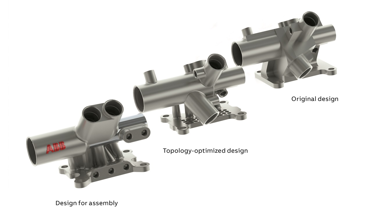 02 Evolution of the design phases of a lightweight paint manifold is shown. All air pilot inlets are located on the same side (left).