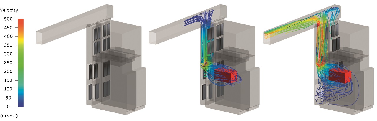 04 Velocity streamlines simulated by PRIAS for switchgear at three different time steps.