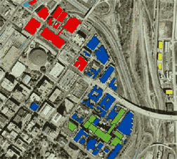 Budynki miasteczka akademickiego VCU. Budynki zaznaczone na czerwono i zielono to Medical College w Wirginii. Budynki elektrowni parowej zostały zaznaczone na żółto.