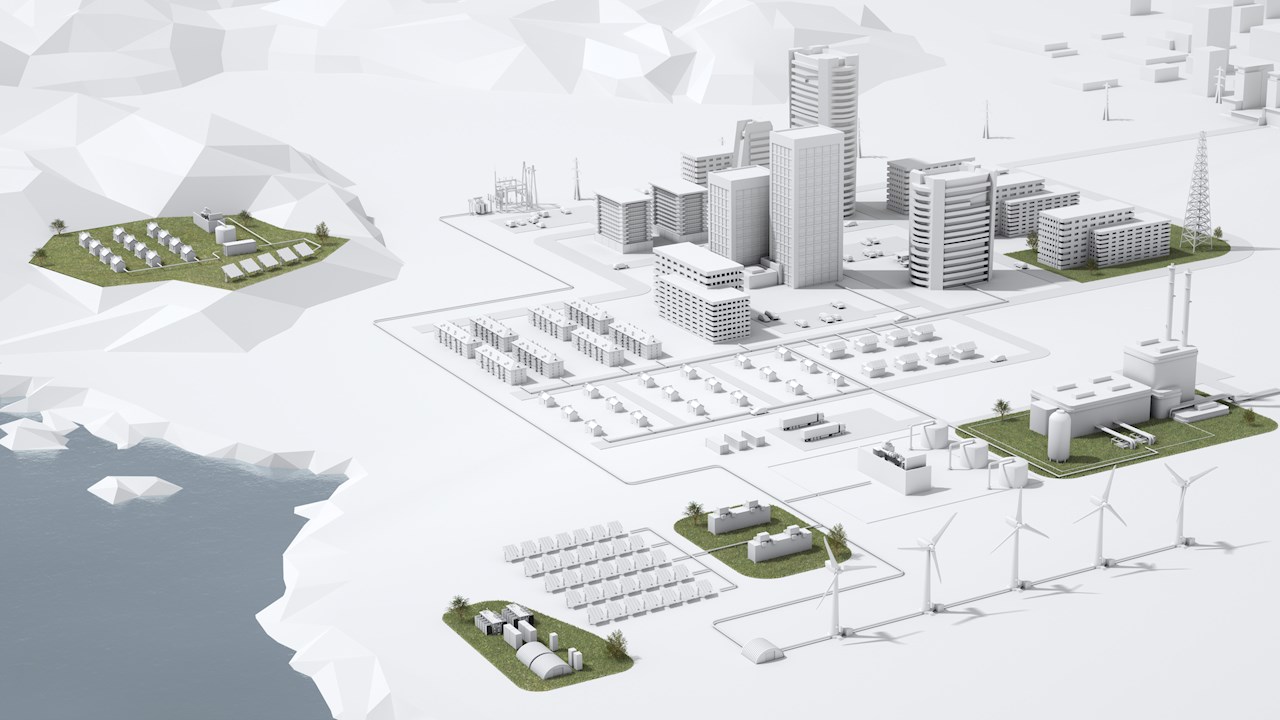 Konzeptionelle „Smart City“, die verteilte Energieressourcen wie Sonnen- und Windenergie nutzt