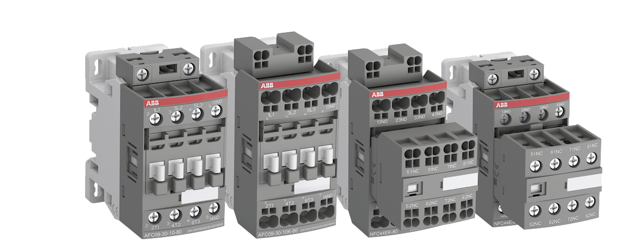 Die AFC-Schütze sind mit Schraub- oder Push-In-Federanschlussklemmen erhältlich und verfügen über ein gemeinsames Sortiment an Zubehör und Schutzvorrichtungen.