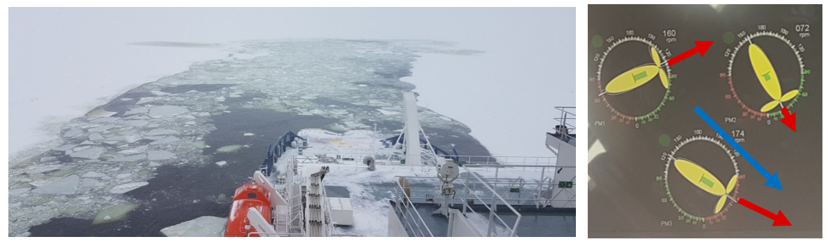 Figure 3: Oblique icebreaking test widening the ice channel and thruster orientation manipulation.