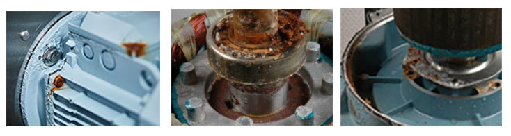 Le moteur standard en aluminium a rapidement commencé à se détériorer, avec des cloques et des éclats de peinture. Le palier côté opposé commande et l’ensemble des pièces internes étaient gravement corrodés.