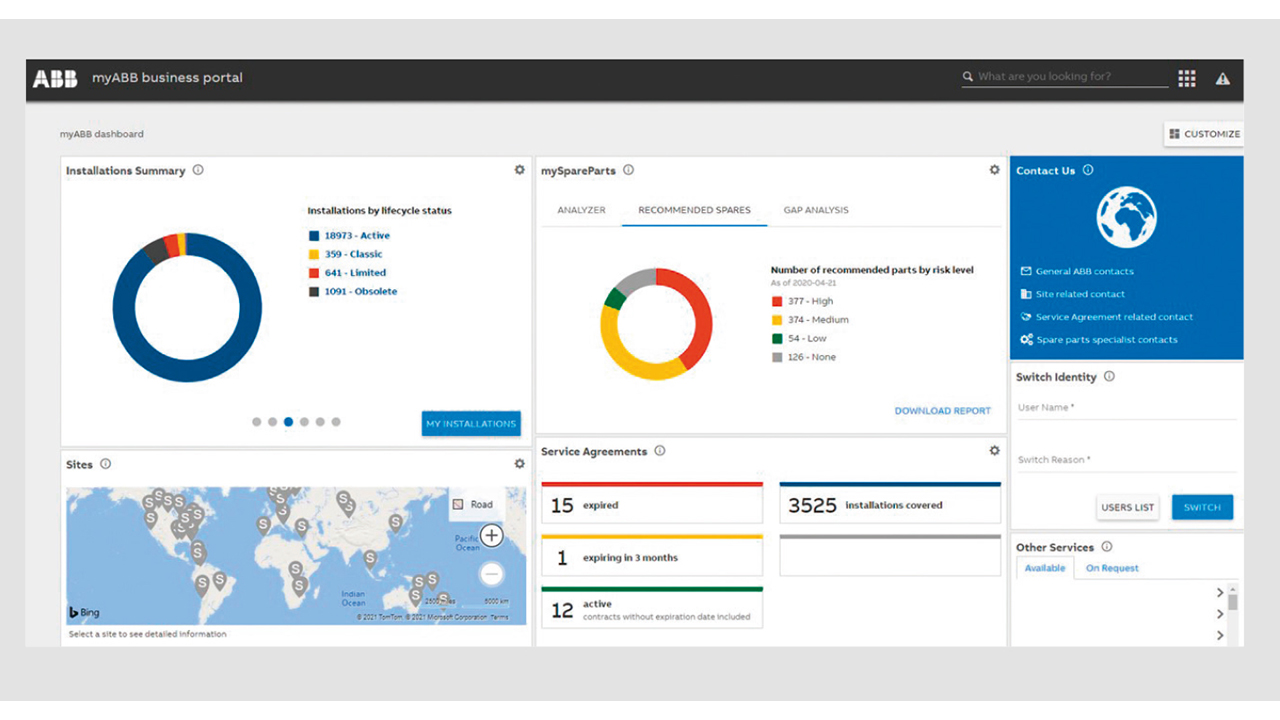 01 Initial display view from myABB business portal is shown. From here customers can enter any of three tabs titled: Analyzer, Recommended Spares, and Gap Analysis.