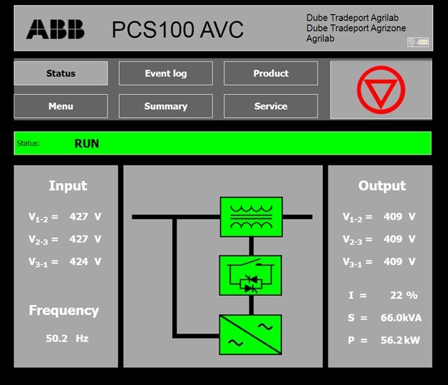 The PCS100 AVC-40 status page, showing the conditioned voltage on the right-hand side. The voltage limit is set to 409 V for this particular client’s site requirements.