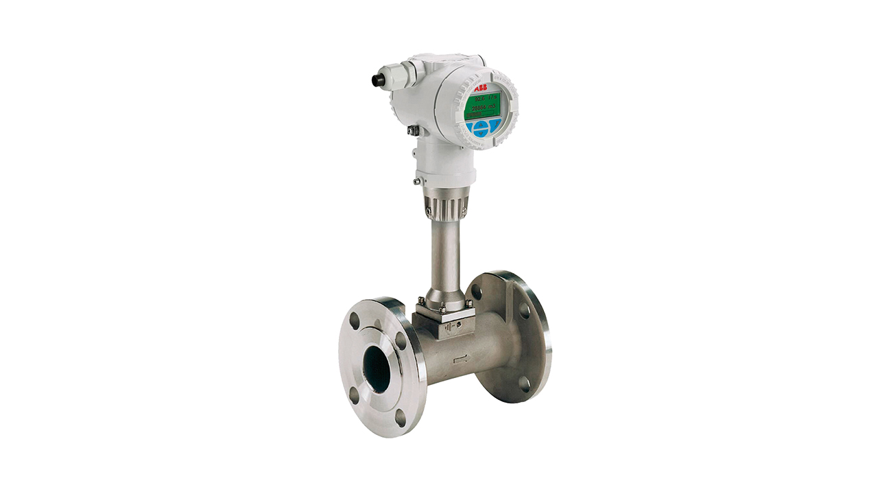 01 One of ABB’s vortex flowmeters, the VortexMaster FSV430. This basic meter is successfully used for accurate measurement of the flow of gases, liquids and steam over a wide range of temperatures.