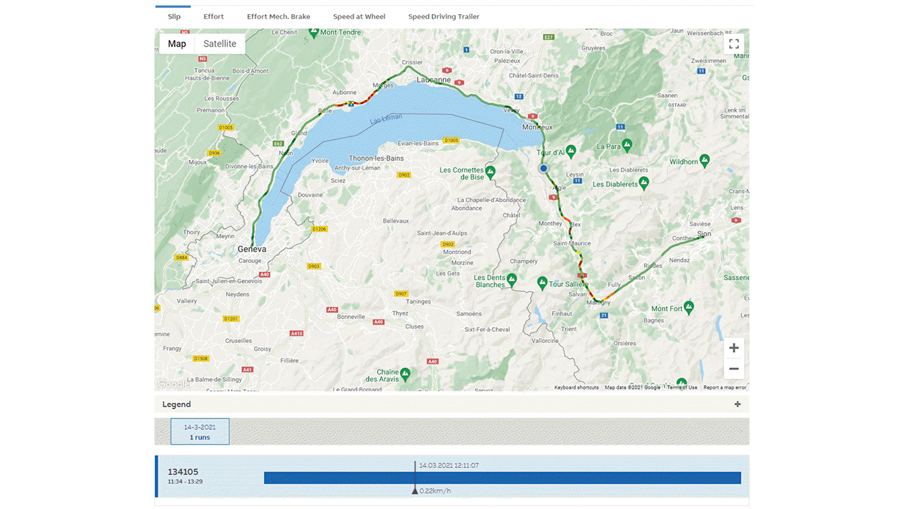 03 Rad-Schienen-Schlupf über GPS-Position. Niedrige Schlupfwerte sind in Grün und hohe Schlupfwerte in Rot dargestellt.