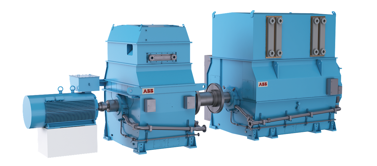 Moteur Pony d’ABB (à gauche), volant d’inertie (au milieu) et condenseur synchrone (à droite)