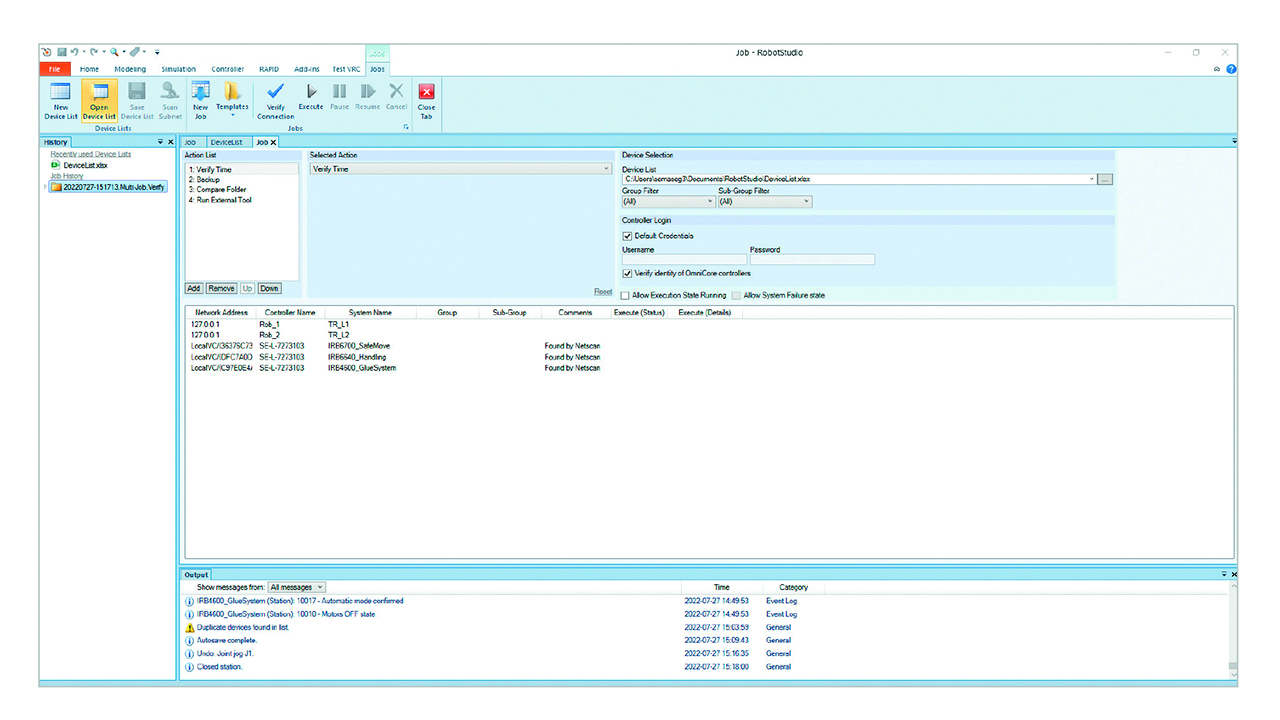 03 The RobotStudio® Jobs feature permits simultaneous operation on a large population of robot controllers in a factory.