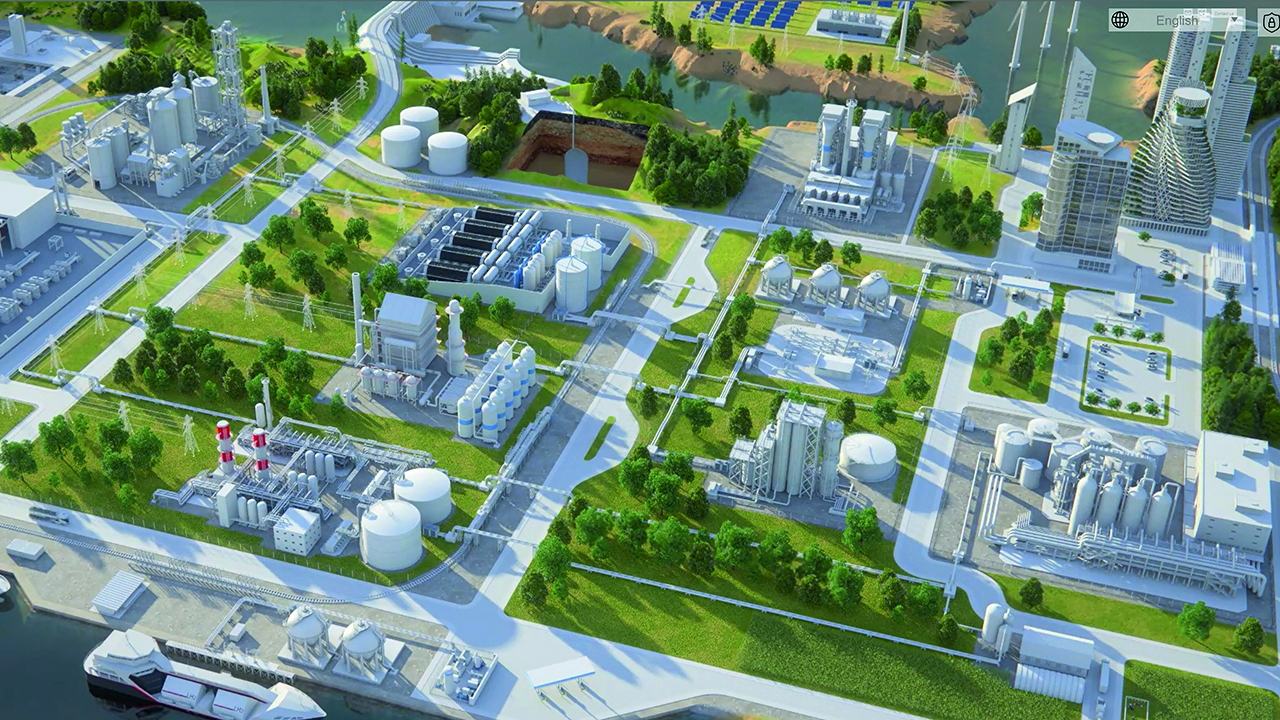 01 Large-scale hydrogen production and storage facilities will become an ever more common sight. In this artist’s impression, the electrolyzers are the black objects. 