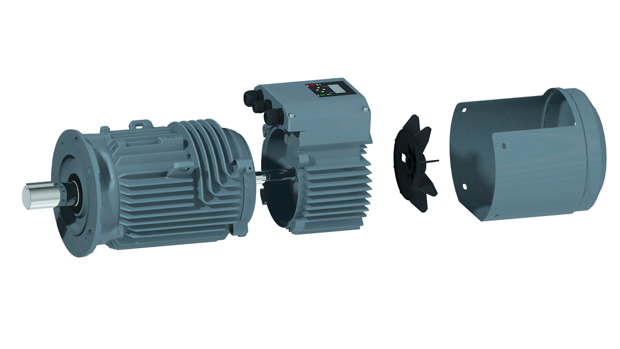 02 Exploded view. The drive is fitted between the rear cover of the motor (left) and the motor’s fan. Just four mounting bolts are needed, instead of the usual eight.