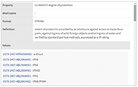 03 An example of the 
ingress protection 
code (IP code) property 
defined in ECLASS 
along with an excerpt of 
allowed values (source: 
[1])