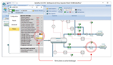 02 Simulation of a realistic plant equipment failure using Indiss Plus (here: a leakage of the selected valve).