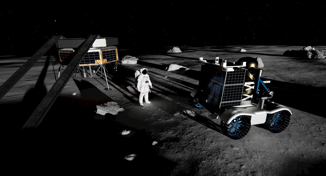 Illustration of an astronaut, a rover and a lander on the lunar surface. Credit: Canadian Space Agency