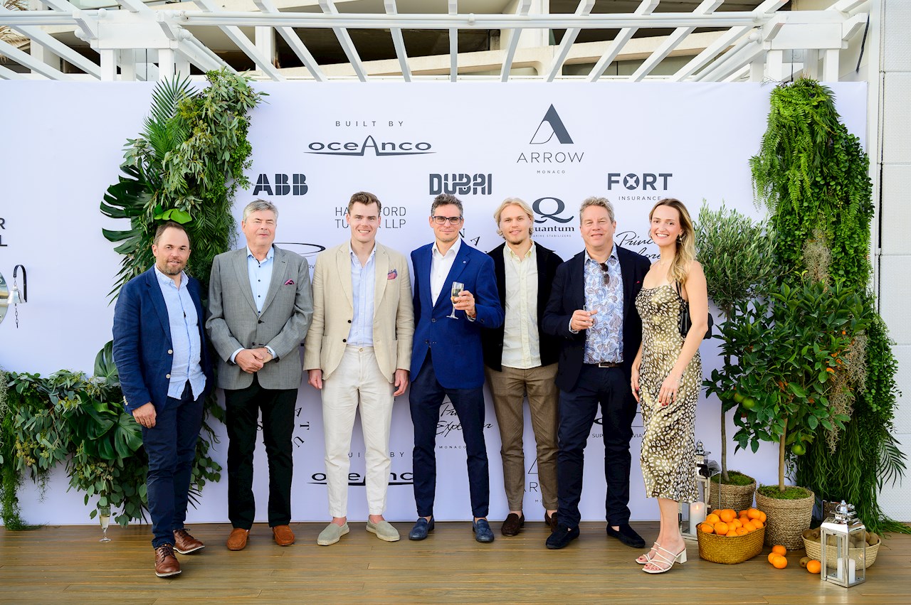 ABB Marine & Ports team at Oceanco x Arrow Opening Cocktail 2024. From left to right: Martin Satre, Thomas Hackman, Tuomo Salmi, Riccardo Repetto, Topi Termonen, Marcus Högblom, Katy Palenius - Image credit: Oceanco