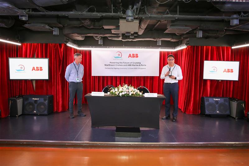ABB and StarDream Cruises reflect on 25 years of partnership with new service agreement signed on 13 June 2025 in Singapore. From left to right: Rickard Cignozzi, Vice President, Technical Operations, StarDream Cruises; Adrian Ang, Local Division Manager, ABB Marine & Ports, Singapore. Image credit: ABB