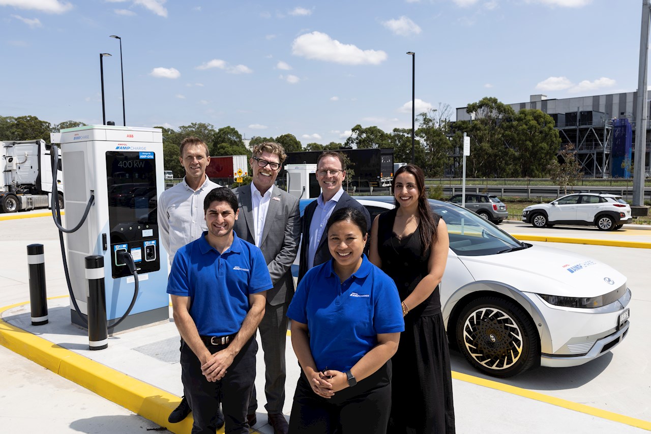 Pictured: Marcin Jokiel, Head of Sales Emobility, ABB; Sean Stove, Head of Emobility, ABB; Patrick Luxton, General Manager Energy Value Chain, Ampol; Sales Manager Emobility, Rushna Zahoor; and Matthew Brescia and Jasmine Santoso of Ampol.