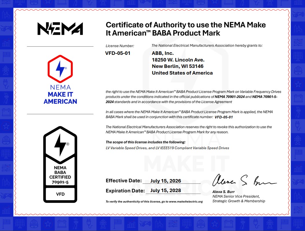 ABB NEMA VFD Certification Gives Buyers a Domestic Content Signal